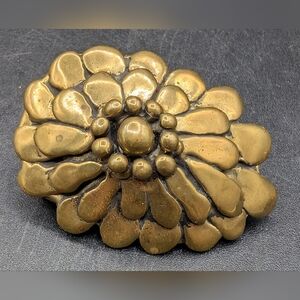 Stephen Burr Signed Brass Brutalist Floral Belt Buckle, 1970s Brass, 1" Opening